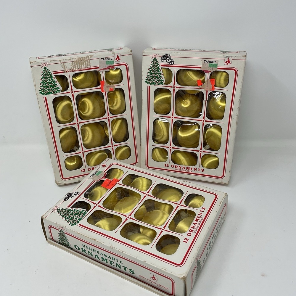 VTG Essex Franke Gold Satin Unbreakable Christmas Ornaments 3 Boxes 12 Each USA